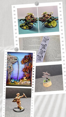 Collage of my past work from top to bottom: frog with mouse rider, lino print ghost bookmark, signpost diorama, pokemon diorama and heroforge mermaid. Collage of my past work from top to bottom: frog with mouse rider, lino print ghost bookmark, signpost diorama, pokemon diorama and heroforge mermaid.